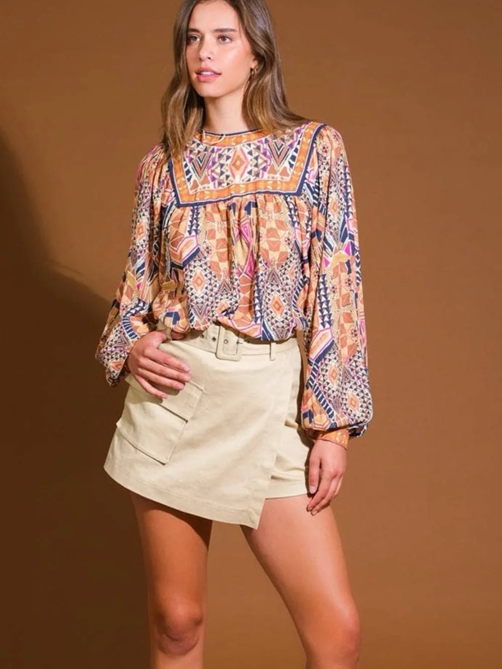 Flying tomato Printed Puff-Sleeve Boho Blouse in Orange & Pink size large - Picture 3 of 14